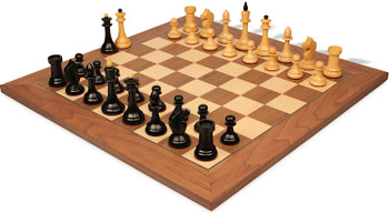 The Queens Gambit Final Game Chess Set Ebonized & Boxwood Pieces with Walnut & Maple Deluxe Board - 4" King