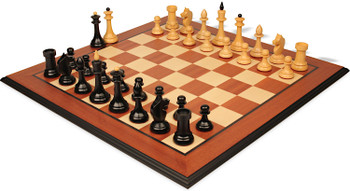 The Queens Gambit Final Game Chess Set Ebonized & Boxwood Pieces with Mahogany & Maple Molded Edge Board - 4" King