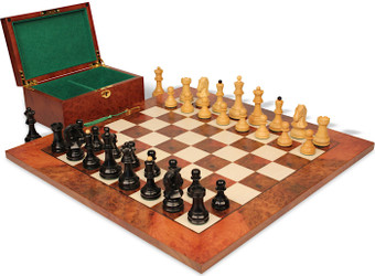 Dubrovnik Series Chess Set Ebony & Boxwood Pieces with Elm Burl & Erable Board & Box - 3.9" King