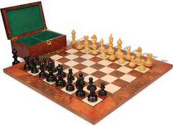 Hallett Antique Reproduction Chess Set Ebony & Boxwood Pieces with Elm Burl & Erable Board & Box - 4" King