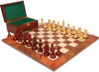 Fierce Knight Staunton Chess Set Padauk & Boxwood Pieces with Elm Burl & Erable Board & Box - 4" King