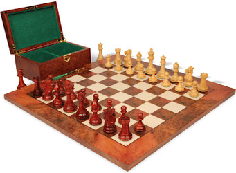 Old English Classic Chess Set Padauk & Boxwood Pieces with Elm Burl & Erable Board & Box - 3.9" King