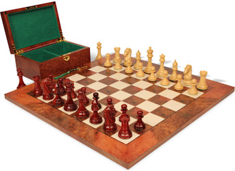 The Craftsman Series Chess Set Padauk & Boxwood Lacquered Pieces with Elm Burl & Erable Board & Box - 3.75" King