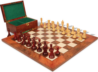 Imperial Staunton Chess Set Padauk & Boxwood Pieces with Elm Burl & Erable Board & Box - 3.75" King
