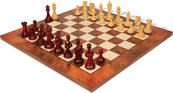 Imperial Staunton Chess Set Padauk & Boxwood Pieces with Elm Burl & Erable Board - 3.75" King