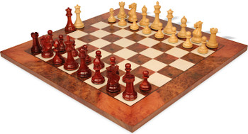 Old English Classic Chess Set Padauk & Boxwood Pieces with Elm Burl & Erable Board - 3.9" King