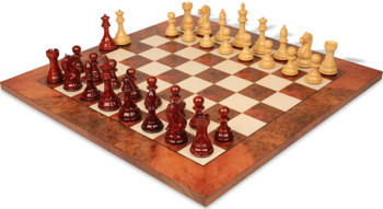Fierce Knight Staunton Chess Set Padauk & Boxwood Pieces with Elm Burl & Erable Board - 4" King