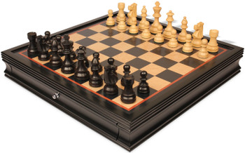 French Lardy Staunton Chess Set Ebonized & Boxwood Pieces with Black & Bird's-Eye Maple Chess Case - King