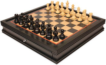 Deluxe Old Club Staunton Chess Set Ebonized & Boxwood Pieces with Black & Birds-Eye Maple Chess Case - 3.25" King