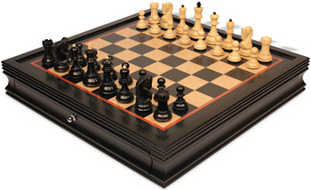 Zagreb Series Chess Set Ebonized & Boxwood Pieces with Black & Birds-Eye Maple Chess Case - 3.25" King