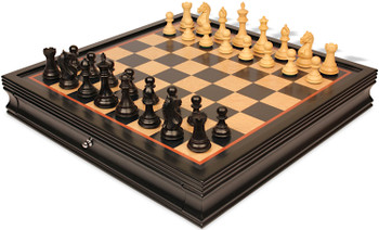 Fierce Knight Staunton Chess Set Ebonized & Boxwood Pieces with Black & Birds-Eye Maple Chess Case - 3.5" King