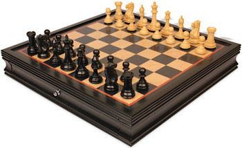 New Exclusive Staunton Chess Set Ebony & Boxwood Pieces with Black & Birds-Eye Maple Chess Case - 3.5" King