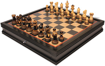 Parker Staunton Chess Set Burnt Boxwood Pieces with Black & Birds-Eye Chess Case - 3.75" King