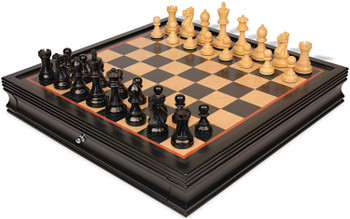 Parker Staunton Chess Set Ebonized & Boxwood Pieces with Black & Birds-Eye Maple Chess Case - 3.75" King