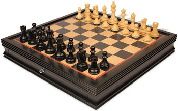 Reykjavik Series Chess Set Ebony & Boxwood Pieces with Black & Birds-Eye Maple Chess Case - 3.75" King