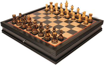 Reykjavik Series Chess Set Burnt Boxwood Pieces with Black & Birds-Eye Maple Chess Case - 3.75" King