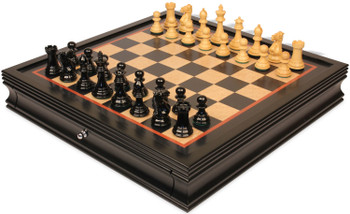 New Exclusive Staunton Chess Set Black & Natural Boxwood High Gloss Pieces with Black & Birds-Eye Maple Chess Case - 3" King