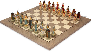 Greece vs Rome Theme Chess Set with High Gloss Gray & Erable Deluxe Board
