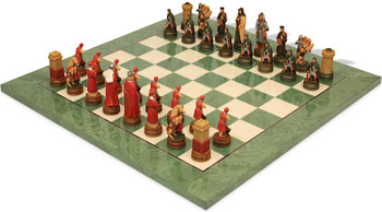 The Story of Camelot Theme Chess Set with Green & Erable High Gloss Deluxe Chess Board