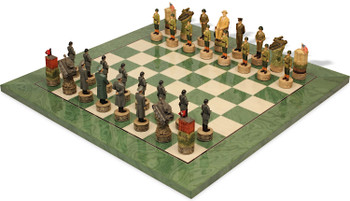 World War II Hand Painted Theme Chess Set with Green & Erable High Gloss Deluxe Board