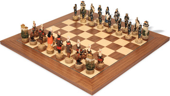 Japanese Samurai Theme Chess Set with Walnut & Maple Deluxe Board