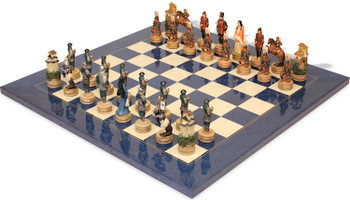 Japanese Samurai Theme Chess Set with Blue & Erable High Gloss Deluxe Board