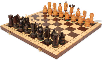 Kings with Brass Inlay Traditional Folding Chess Set - Brown