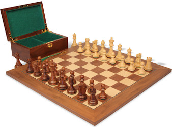 Reykjavik Series Chess Set Golden Rosewood & Boxwood Pieces with Walnut & Maple Deluxe Board & Box - King
