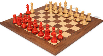 Reykjavik Series Chess Set Crimson & Boxwood Pieces with Walnut & Maple Deluxe Board - King