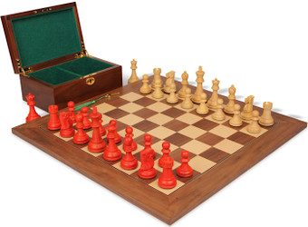 Reykjavik Series Chess Set Crimson & Boxwood Pieces with Walnut & Maple Deluxe Board & Box - King