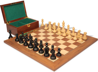 Reykjavik Series Chess Set Ebony & Boxwood Pieces with Walnut & Maple Deluxe Board & Box - King