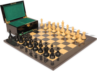 Reykjavik Series Chess Set Ebonized & Boxwood Pieces with Black & Ash Burl Board & Box - King