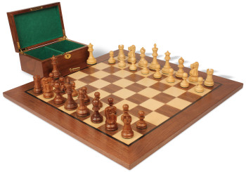 Deluxe Old Club Staunton Chess Set Golden Rosewood & Boxwood Pieces with Classic Walnut Board & Box - 3.25" King