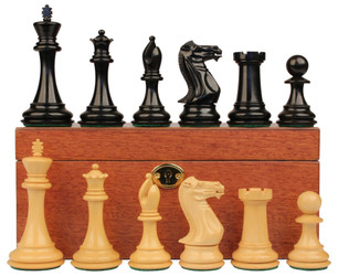 New Exclusive Staunton Chess Set Ebonized & Boxwood Pieces with Mahogany Chess Box  - King