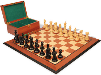 New Exclusive Staunton Chess Set Ebonized & Boxwood Pieces with Mahogany & Maple Molded Board & Box - King
