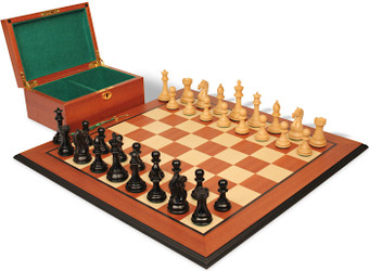 Fierce Knight Staunton Chess Set Ebonized & Boxwood Pieces with Mahogany & Maple Molded Edge Board & Box - King