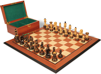 Dubrovnik Series Chess Set Burnt Boxwood Pieces with Mahogany & Maple Molded Board & Box- King