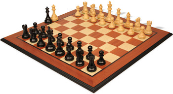 British Staunton Chess Set Ebony & Boxwood Pieces with Mahogany & Maple Molded Edge Board - 3.5" King