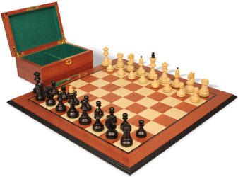Bohemian Series Chess Set Ebonized & Boxwood Pieces with Mahogany & Maple Molded Edge Board & Box - King