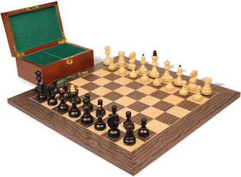 Bohemian Series Chess Set Ebonized & Boxwood Pieces with Tiger Ebony & Maple Deluxe Board & Box - King