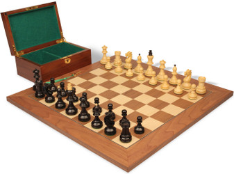 Bohemian Series Chess Set Ebonized & Boxwood Pieces with Walnut & Maple Deluxe Board & Box - King