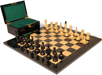Bohemian Series Chess Set Ebonized & Boxwood Pieces with Black & Ash Burl Board & Box - King