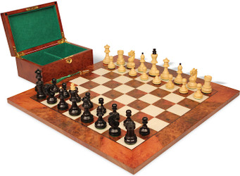 Bohemian Series Chess Set Ebonized & Boxwood Pieces with Elm Burl & Erable Board & Box - King