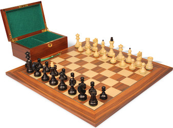 Bohemian Series Chess Set Ebonized & Boxwood Pieces with Santos Rosewood  & Maple Deluxe Chess Board & Box - King