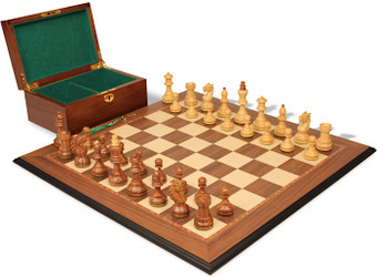 Bohemian Series Chess Set Golden Rosewood & Boxwood Pieces with Walnut & Maple Molded Edge Board & Box - King