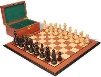 French Lardy Staunton Chess Set Ebonized & Boxwood Pieces with Mahogany & Maple Molded Edge Board & Box - King