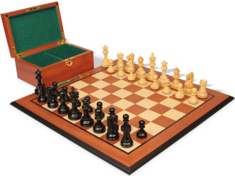 Deluxe Old Club Staunton Chess Set Ebonized & Boxwood Pieces with Mahogany & Maple Molded Edge Board & Box - King