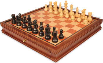 French Lardy Staunton Chess Set Ebonized & Boxwood Pieces with Elm Burl & Bird's-Eye Maple Chess Case - 3.25" King