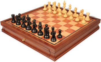Deluxe Old Club Staunton Chess Set Ebony & Boxwood Pieces with Elm Burl & Bird's-Eye Maple Chess Case - King