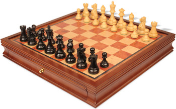 Parker Staunton Chess Set Ebonized & Boxwood Pieces with Elm Burl & Bird's-Eye Maple Chess Case - 3.75" King